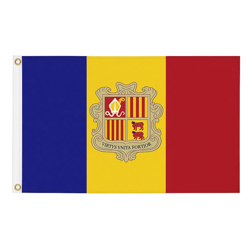 Andorra novelty flag – blue, yellow, red tricolour with coat of arms, brass eyelets, ships from the UK