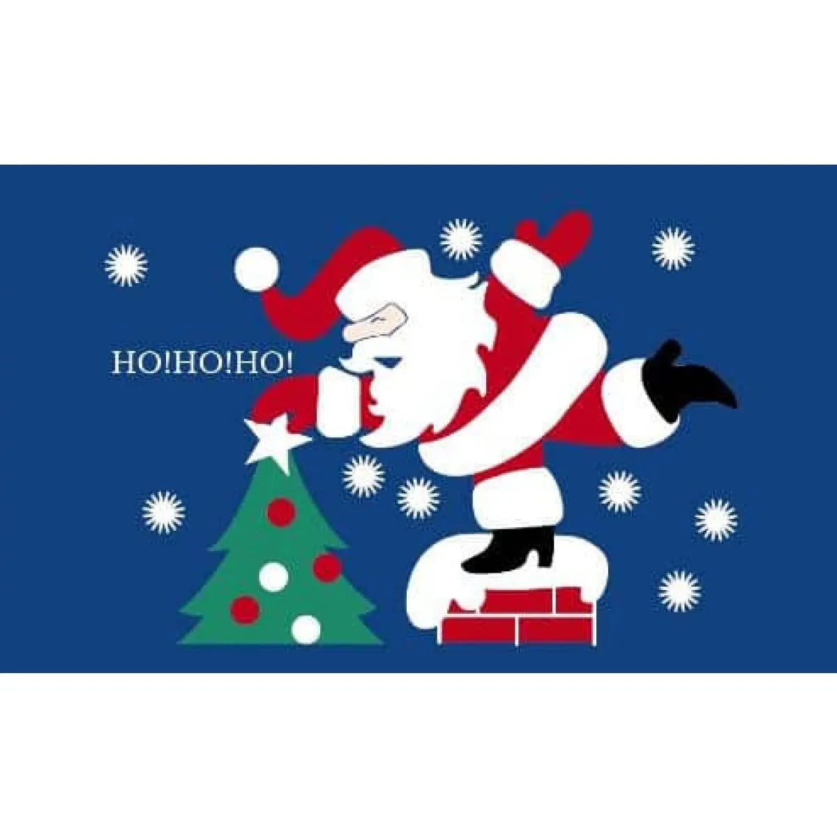 Cartoon Santa Claus on a blue background with Christmas tree and snowflakes.