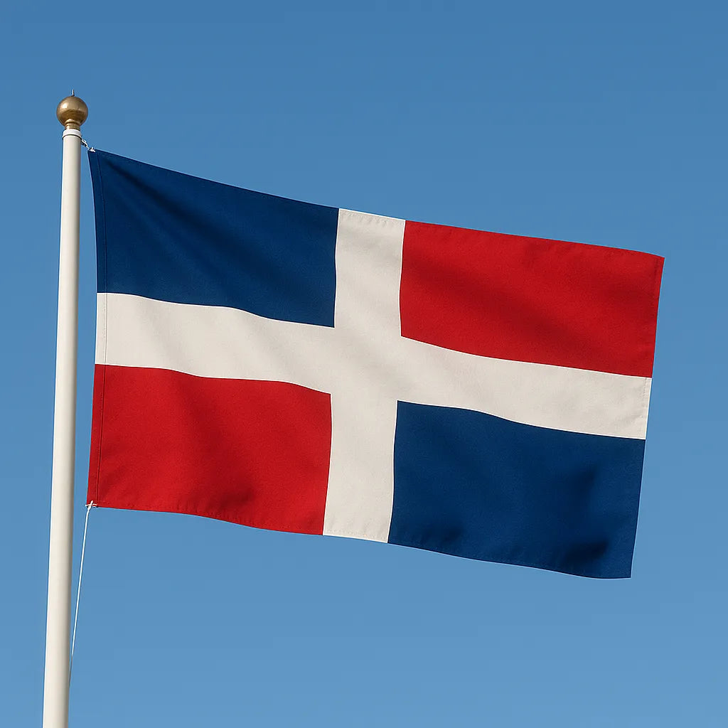 Flag with red, white, and blue cross design on a clear blue sky background