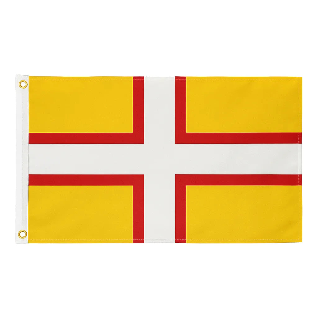 Dorset novelty flag featuring a red and white cross on a golden-yellow background, displayed with brass eyelets and white heading tape.