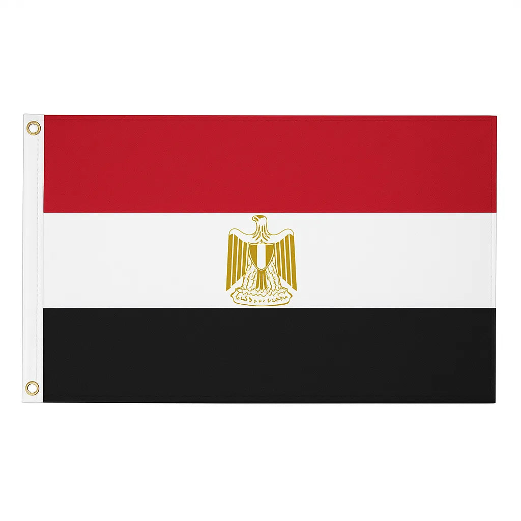 Flag of Egypt with a red, white, and black horizontal design featuring a gold emblem on a white background.