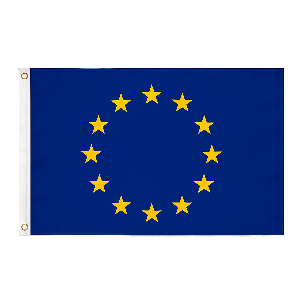 European Union novelty flag featuring a blue field with twelve golden stars in a circle, displayed with brass eyelets and white heading tape