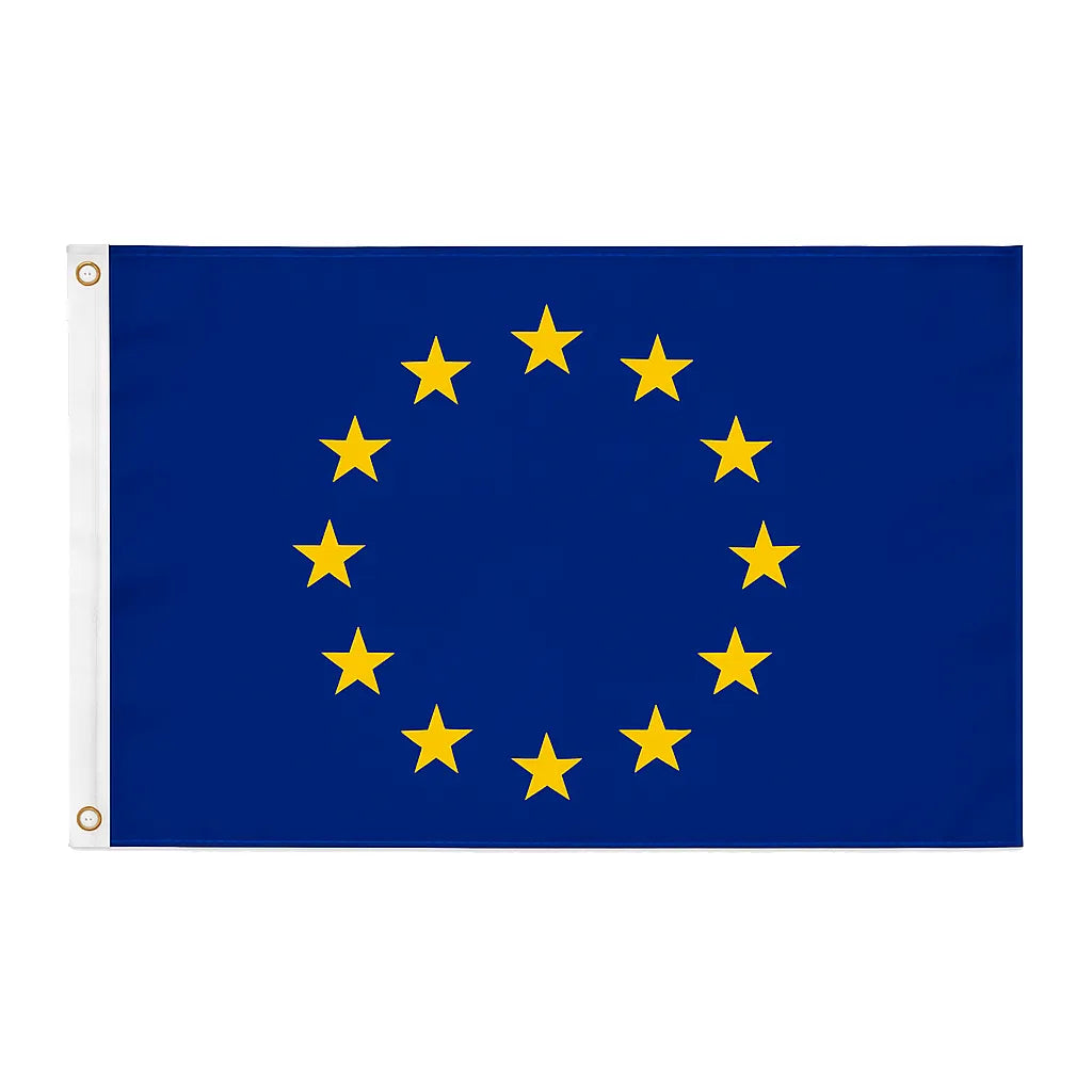 European Union novelty flag featuring a blue field with twelve golden stars in a circle, displayed with brass eyelets and white heading tape