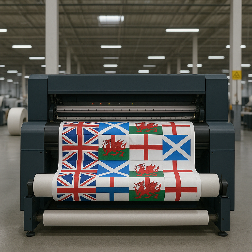 Printing machine with a roll of fabric featuring flags in a warehouse setting