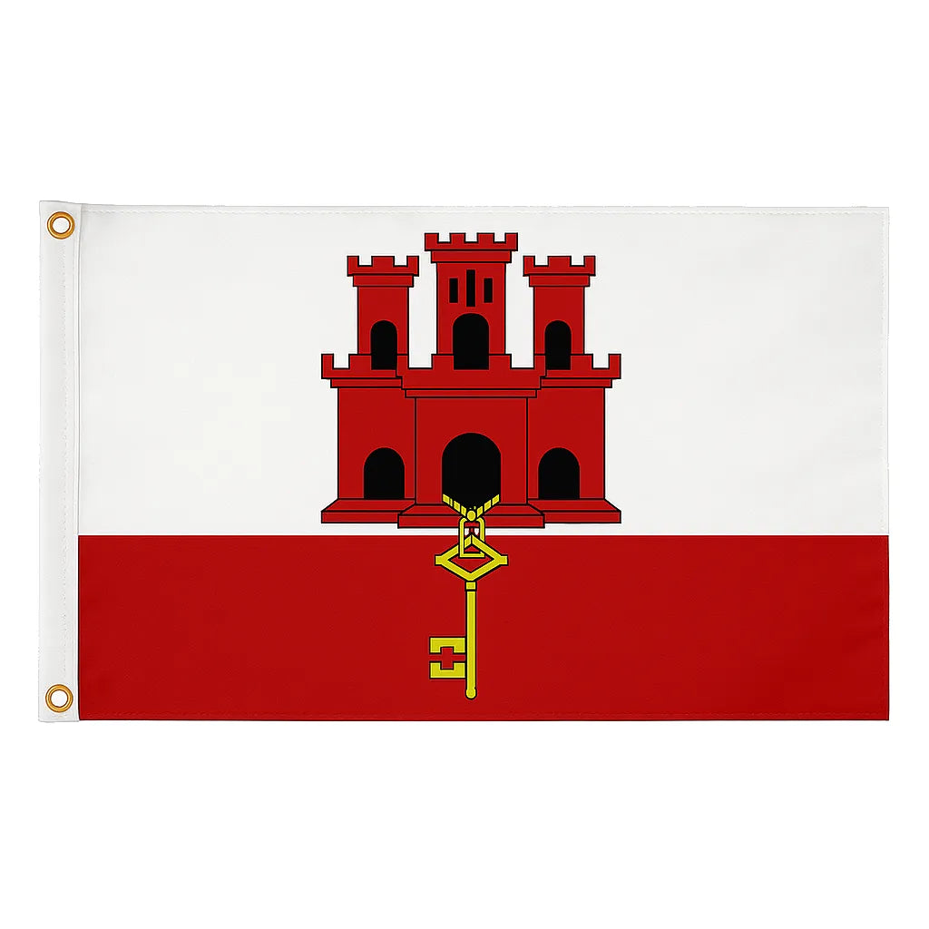 Gibraltar novelty flag featuring the red castle and golden key on a white and red background.