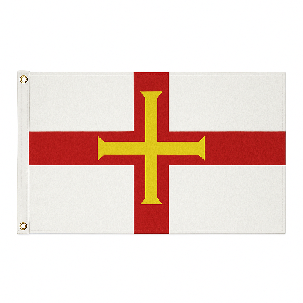 Guernsey novelty flag featuring a red cross with a golden cross inset on a white background.