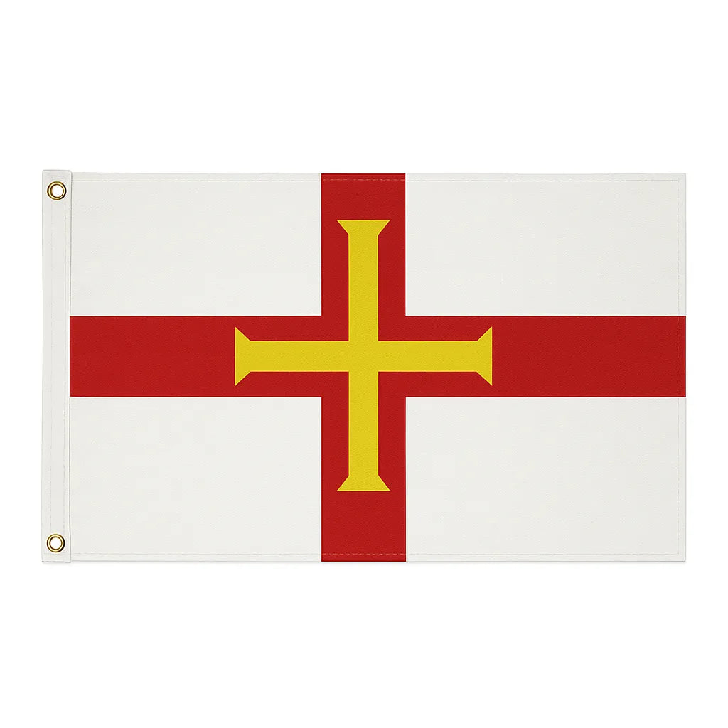 Guernsey novelty flag featuring a red cross with a golden cross inset on a white background.