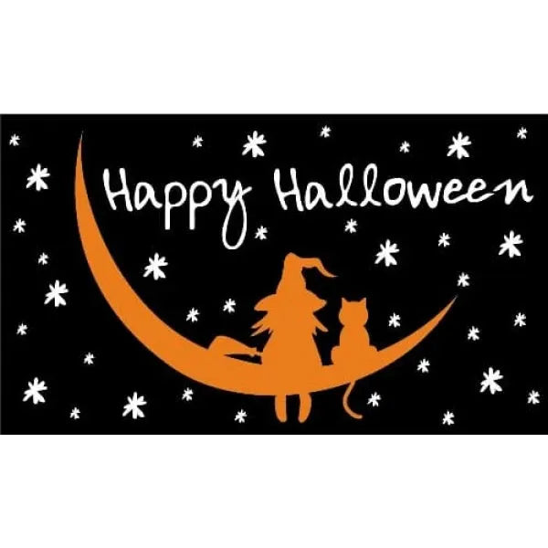 Halloween-themed design with a witch and cat on an orange moon against a black background with white stars.