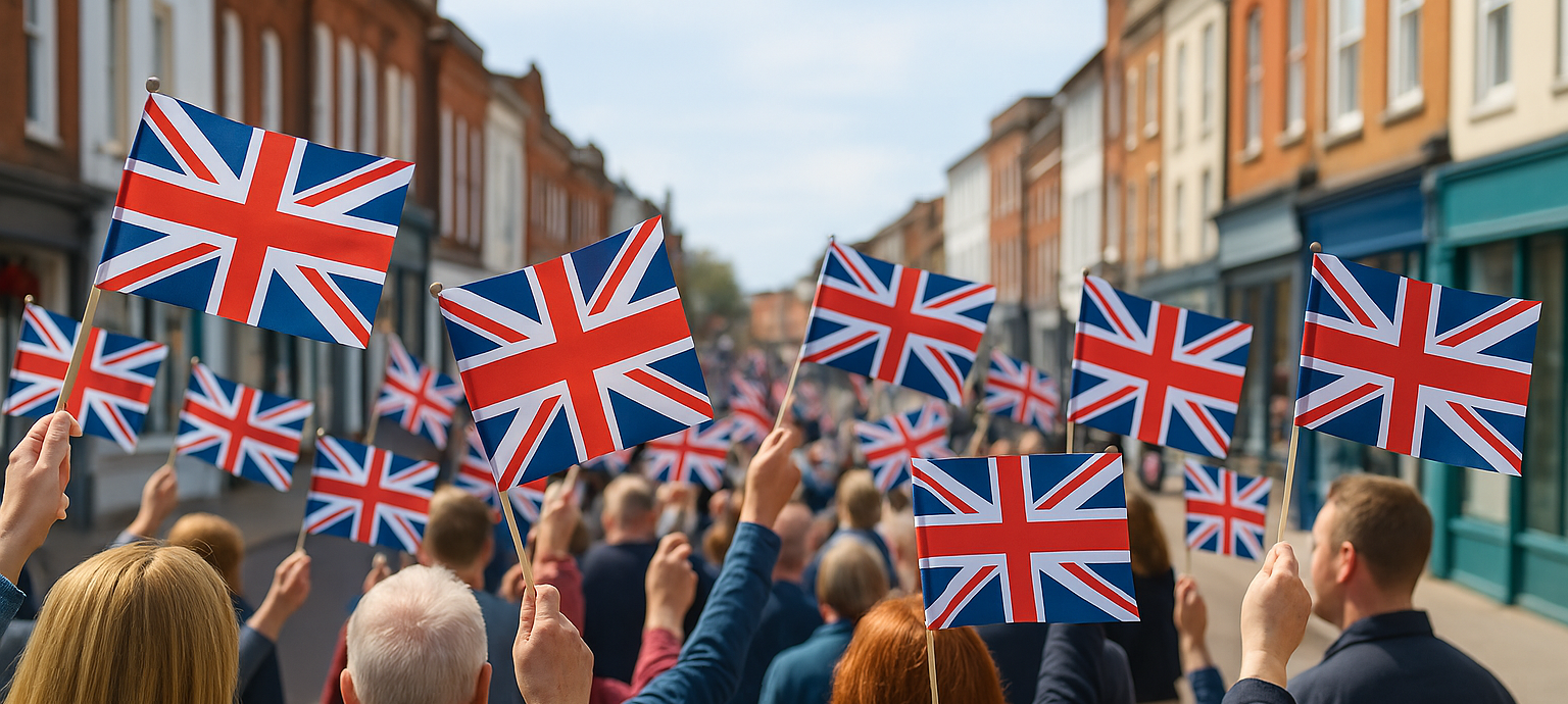 People holding British flags on a street