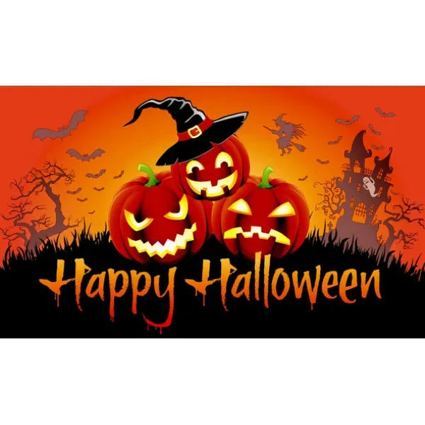 Halloween-themed banner with pumpkins, a witch hat, and 'Happy Halloween' text on an orange and black background.