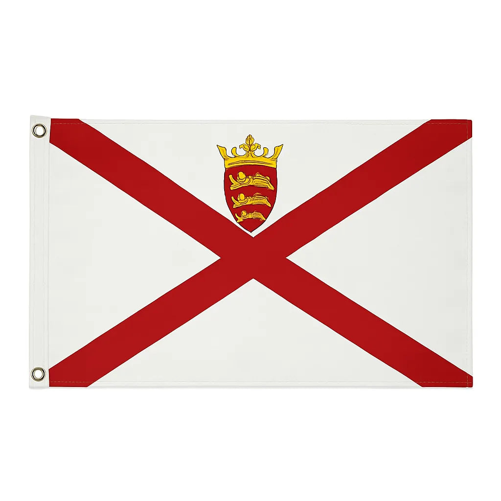 Jersey novelty flag with red saltire cross and crest with crown.