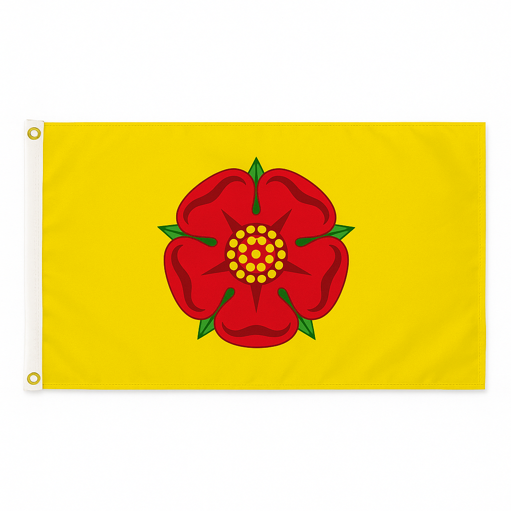 Lancashire novelty flag featuring a red rose on a yellow background, displayed with brass eyelets and white heading tape.