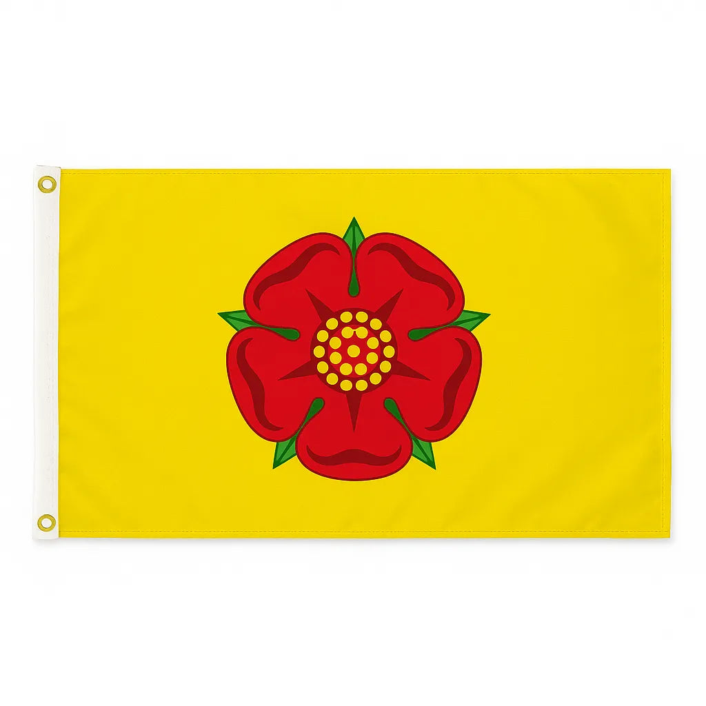 Lancashire novelty flag featuring a red rose on a yellow background, displayed with brass eyelets and white heading tape.