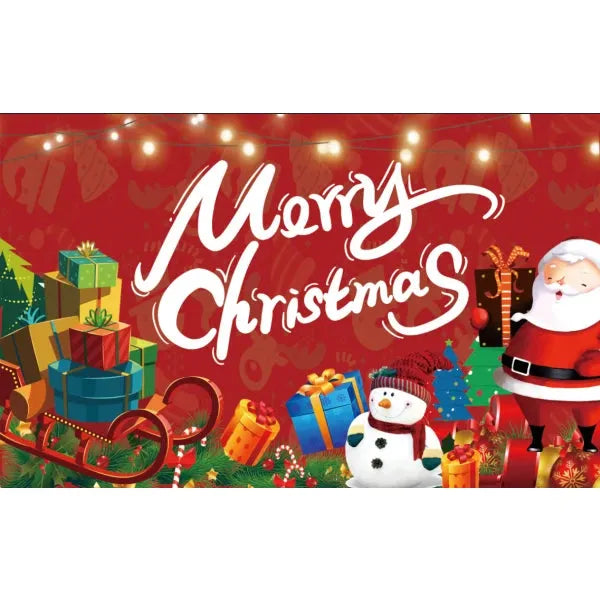 Red Christmas-themed card with Santa Claus, presents, and snowman on a white background