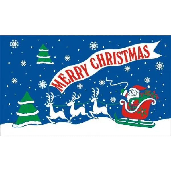 Christmas-themed banner with Santa Claus, reindeer, and trees on a blue background.
