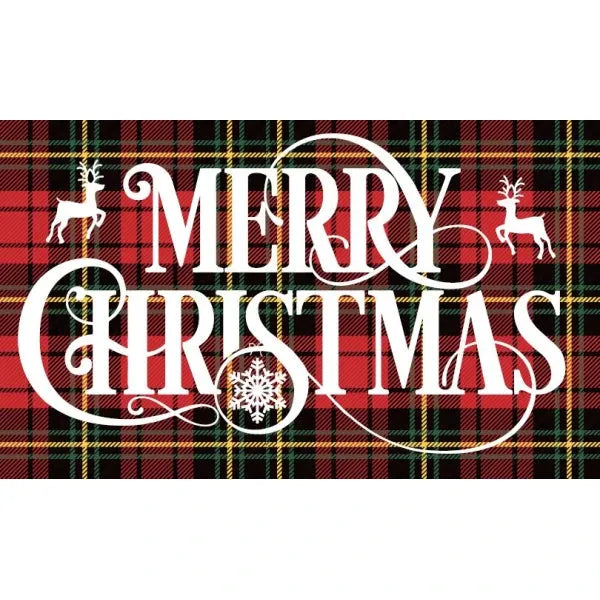 Merry Christmas text on a plaid background with reindeer and snowflake decorations.