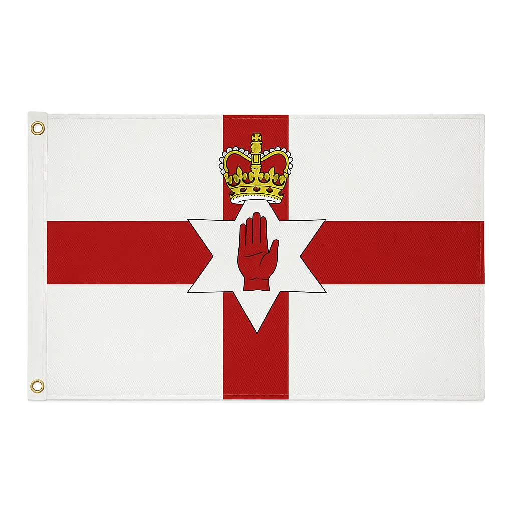 Northern Ireland novelty flag featuring the red hand emblem on a white field with a red cross.