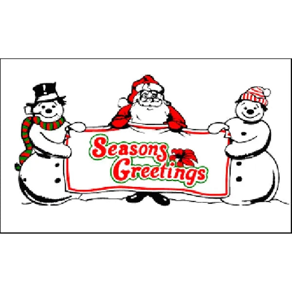 Cartoon Santa Claus with two snowmen holding a 'Seasons Greetings' sign.
