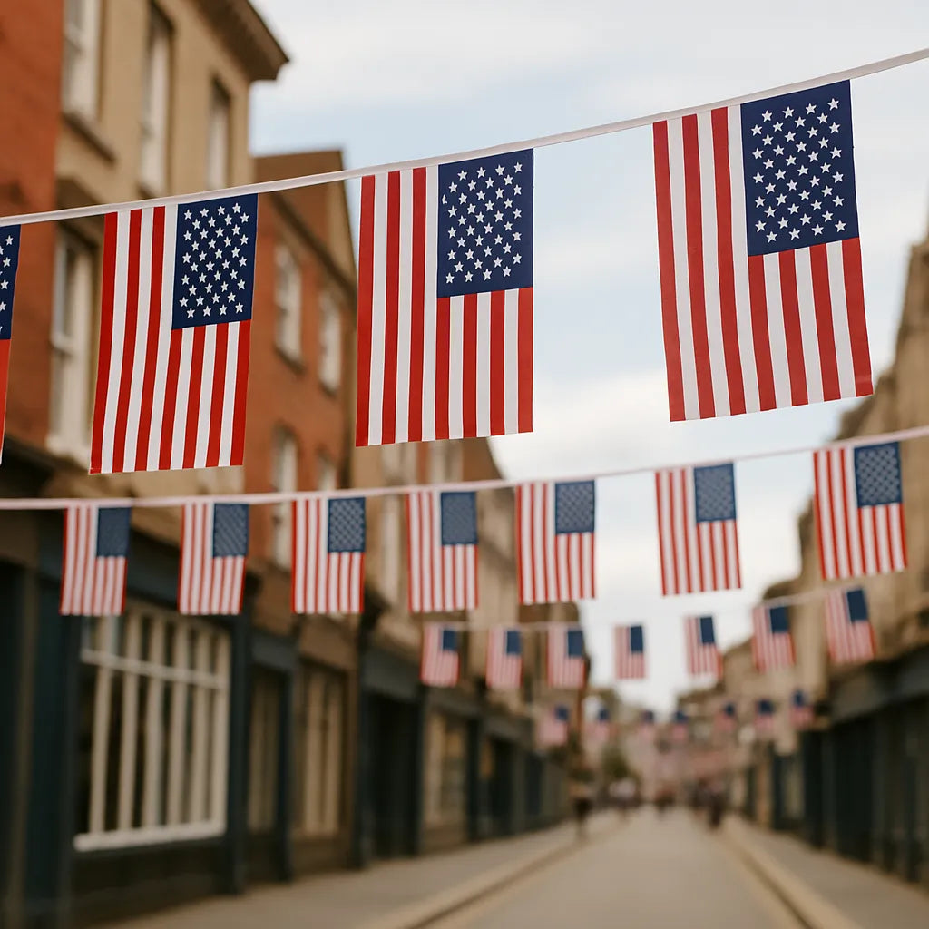 North American flag bunting – 6 metre string with 20 polyester flags from USA, Canada, Mexico, and Caribbean nations sewn into white webbing.