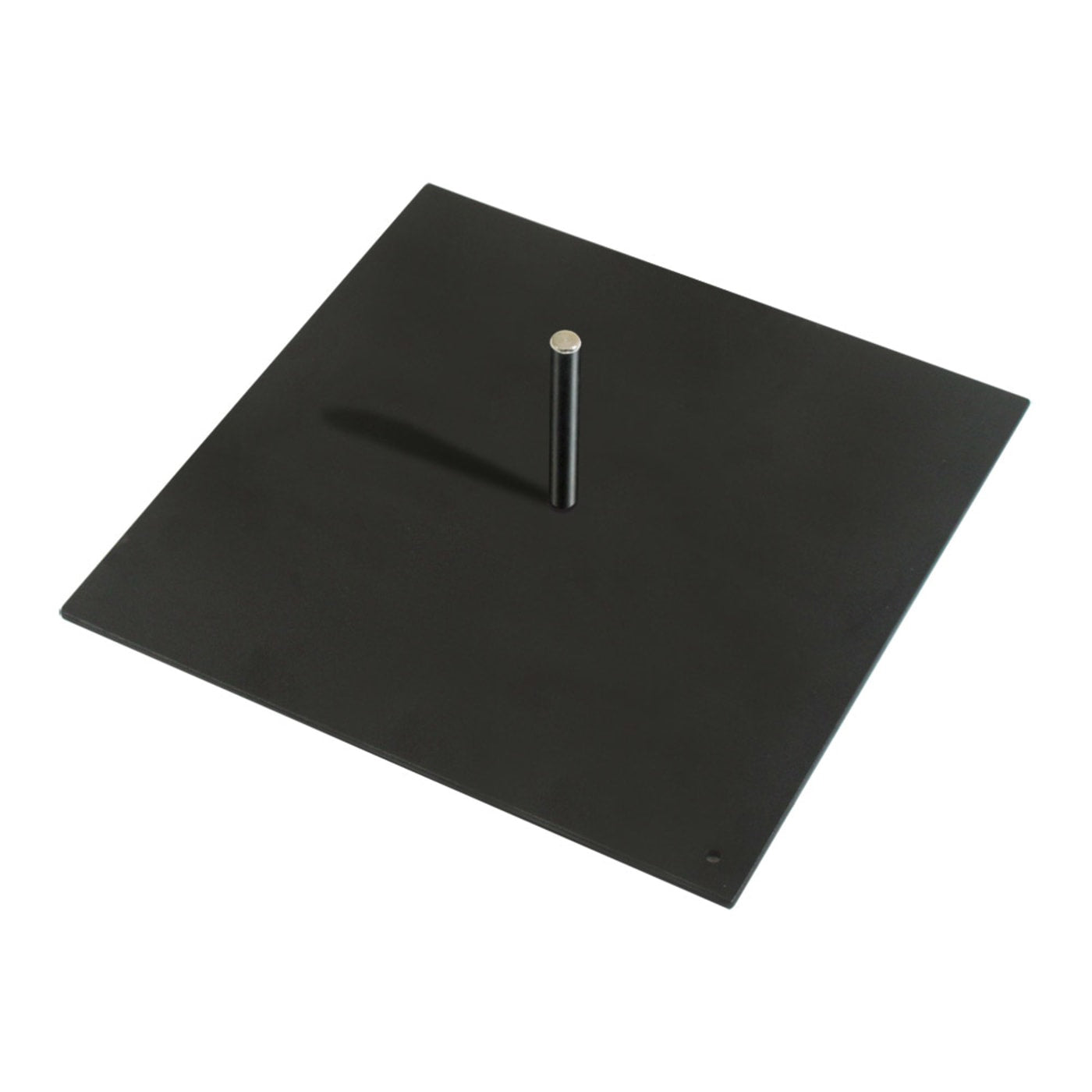 A square metal black event flag base on a white background.