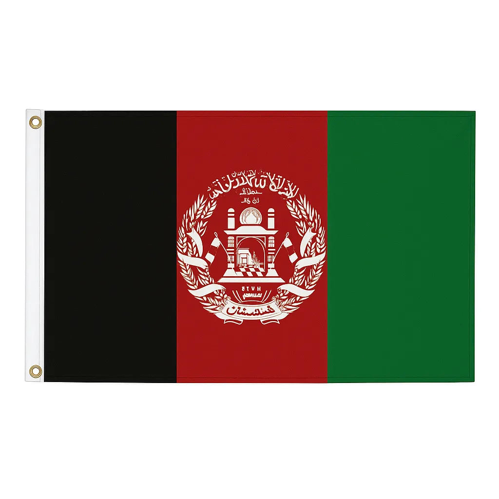 Afghanistan flag – black, red, and green tricolour with national emblem and brass eyelets