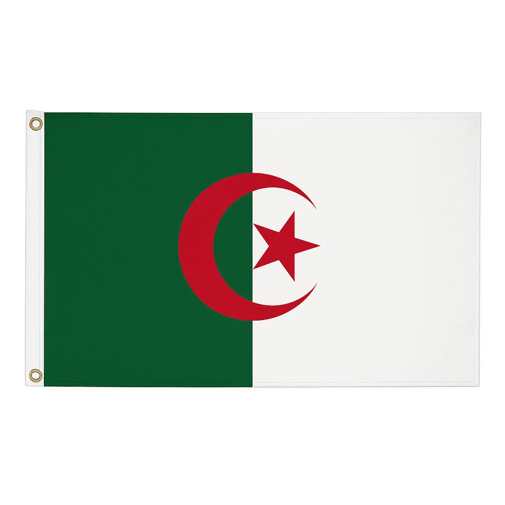 Algeria novelty flag – green and white with red crescent and star, brass eyelets, ships from the UK