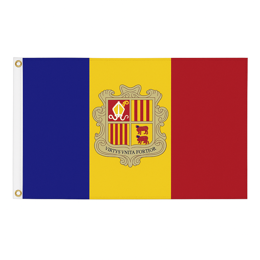 Andorra novelty flag – blue, yellow, red tricolour with coat of arms, brass eyelets, ships from the UK