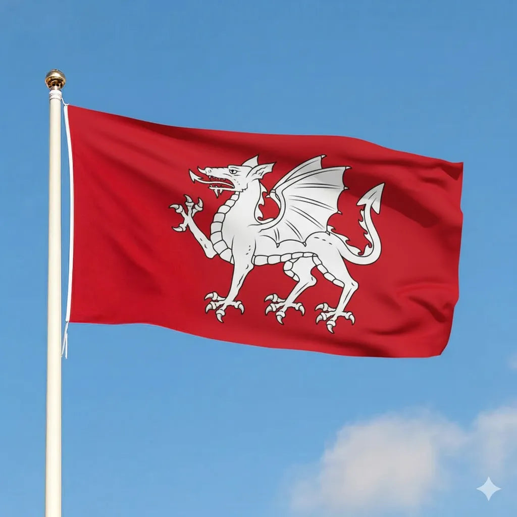 Red flag with a white dragon emblem against a blue sky