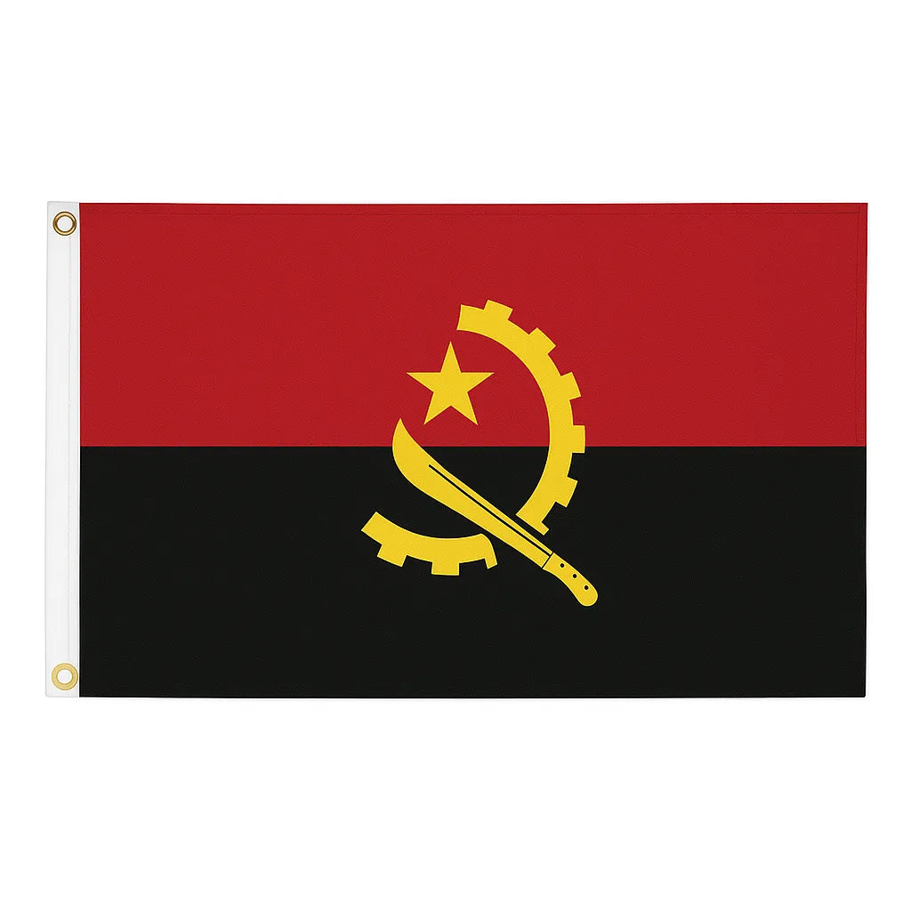 Angola novelty flag – red and black with yellow emblem, brass eyelets, ships from the UK