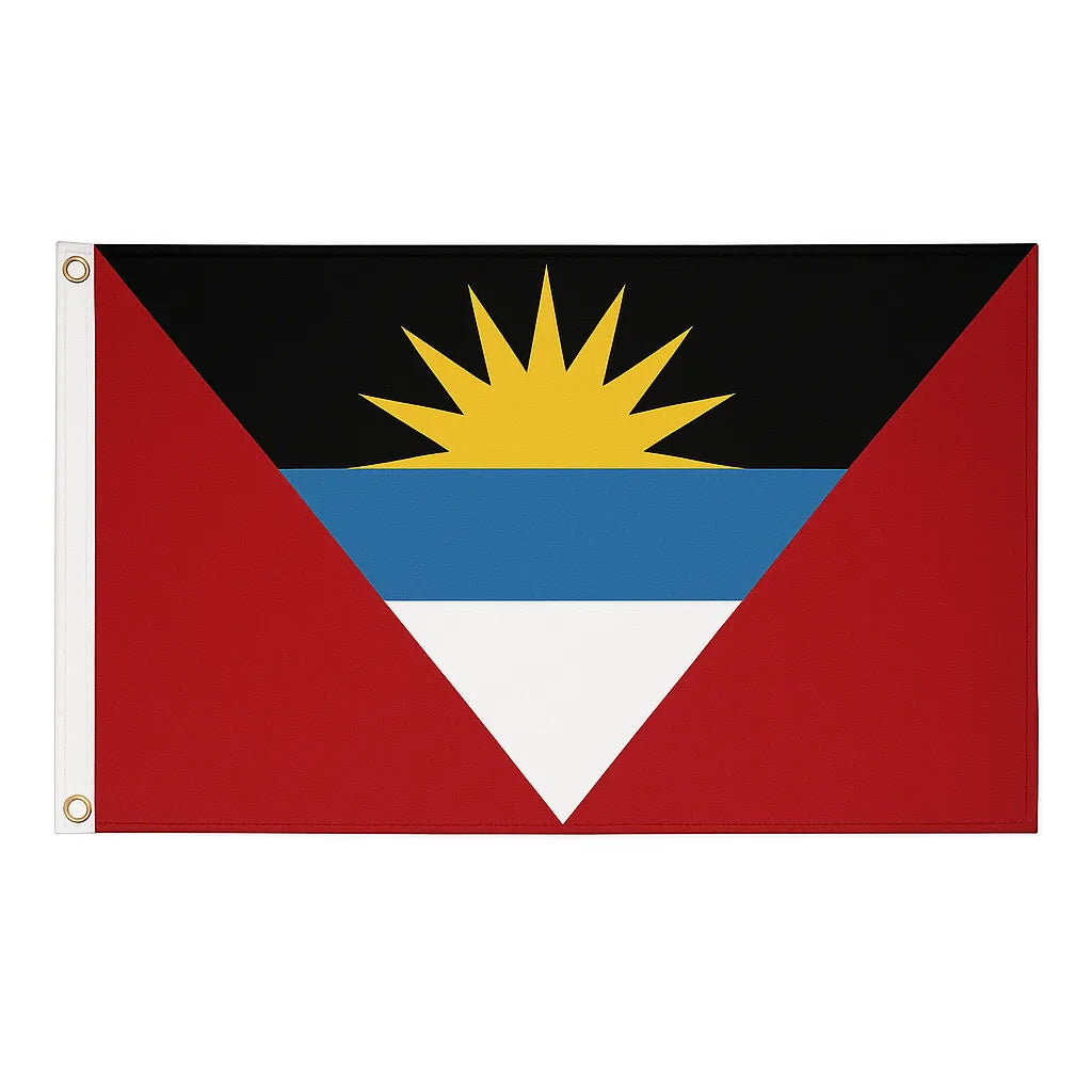 Antigua and Barbuda novelty flag – red with rising sun and triangle design, brass eyelets, ships from the UK