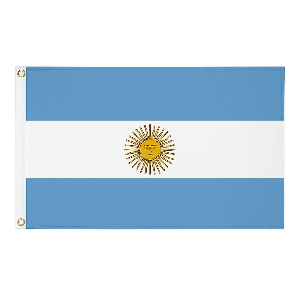 Argentina novelty flag – blue and white with golden sun emblem, brass eyelets, ships from the UK