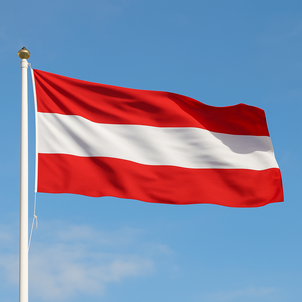 High-quality sewn Austria flag flying on an outdoor flagpole against a blue sky.