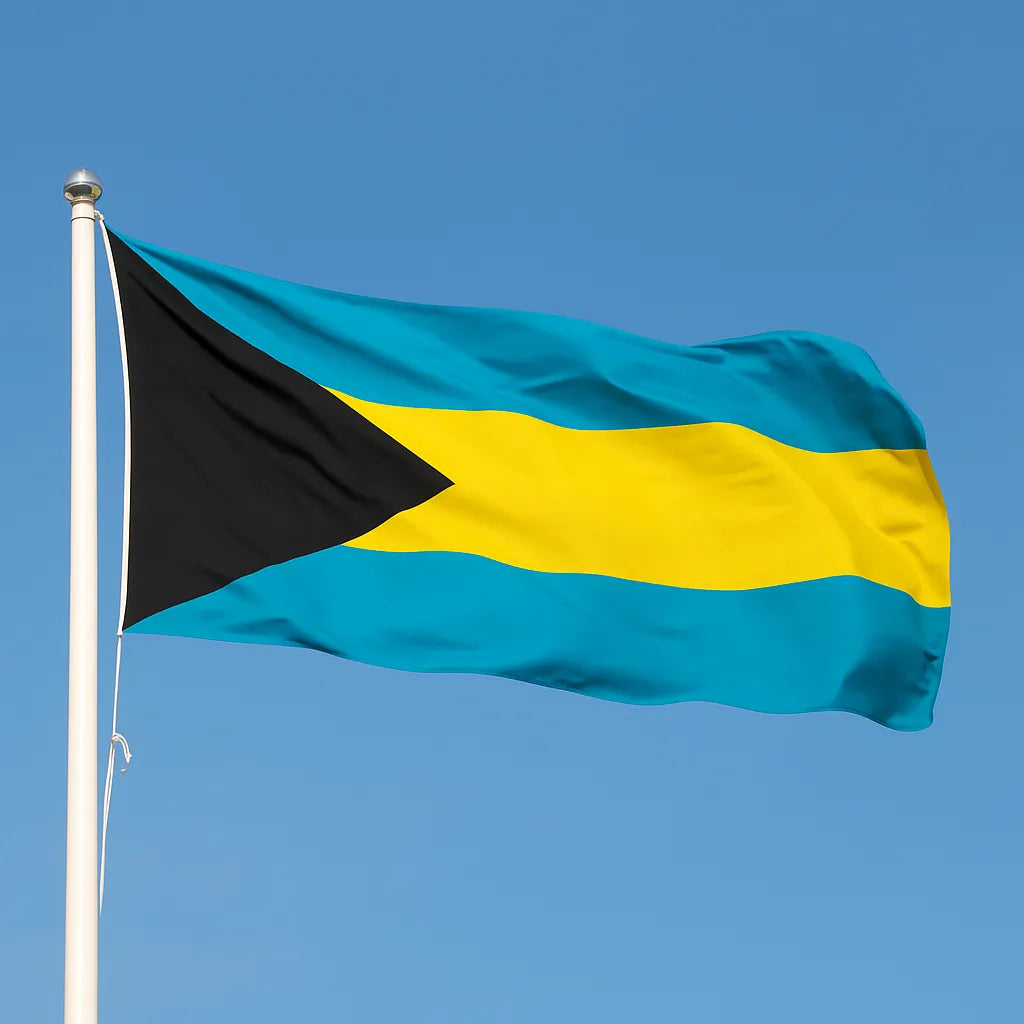 Premium sewn Bahamas flag with aquamarine, gold, and black design, heavy-duty woven polyester for external flagpoles