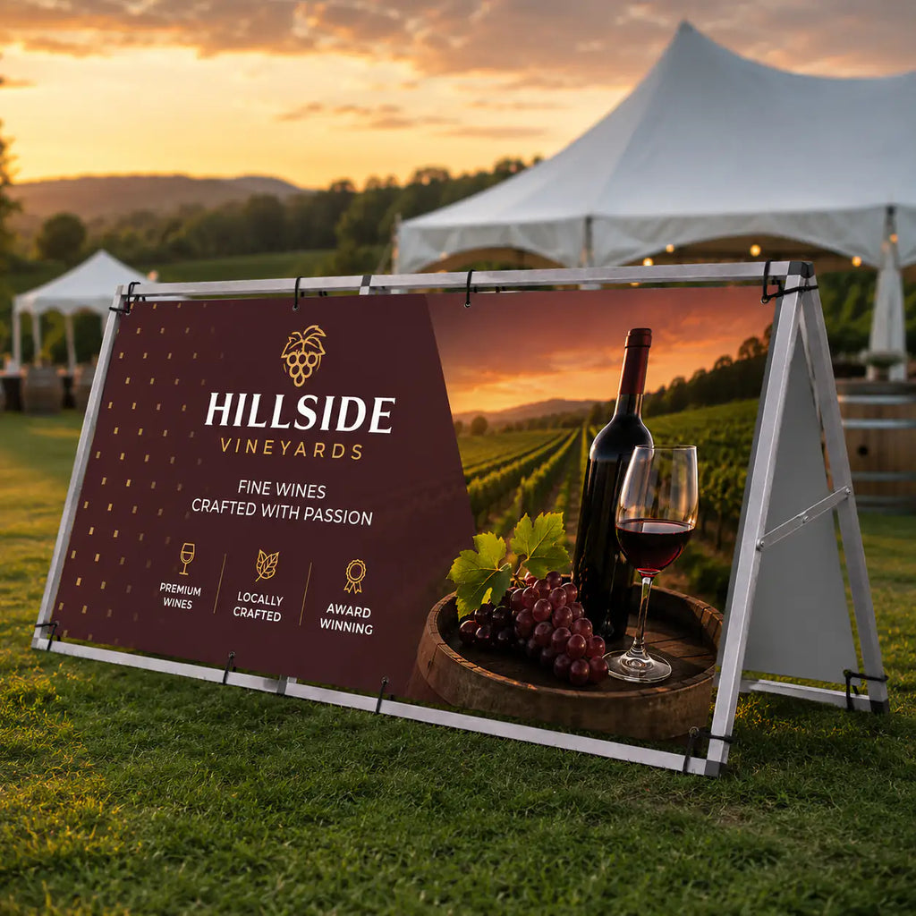 Outdoor banner frame with double-sided promotional graphics displayed at an outdoor event