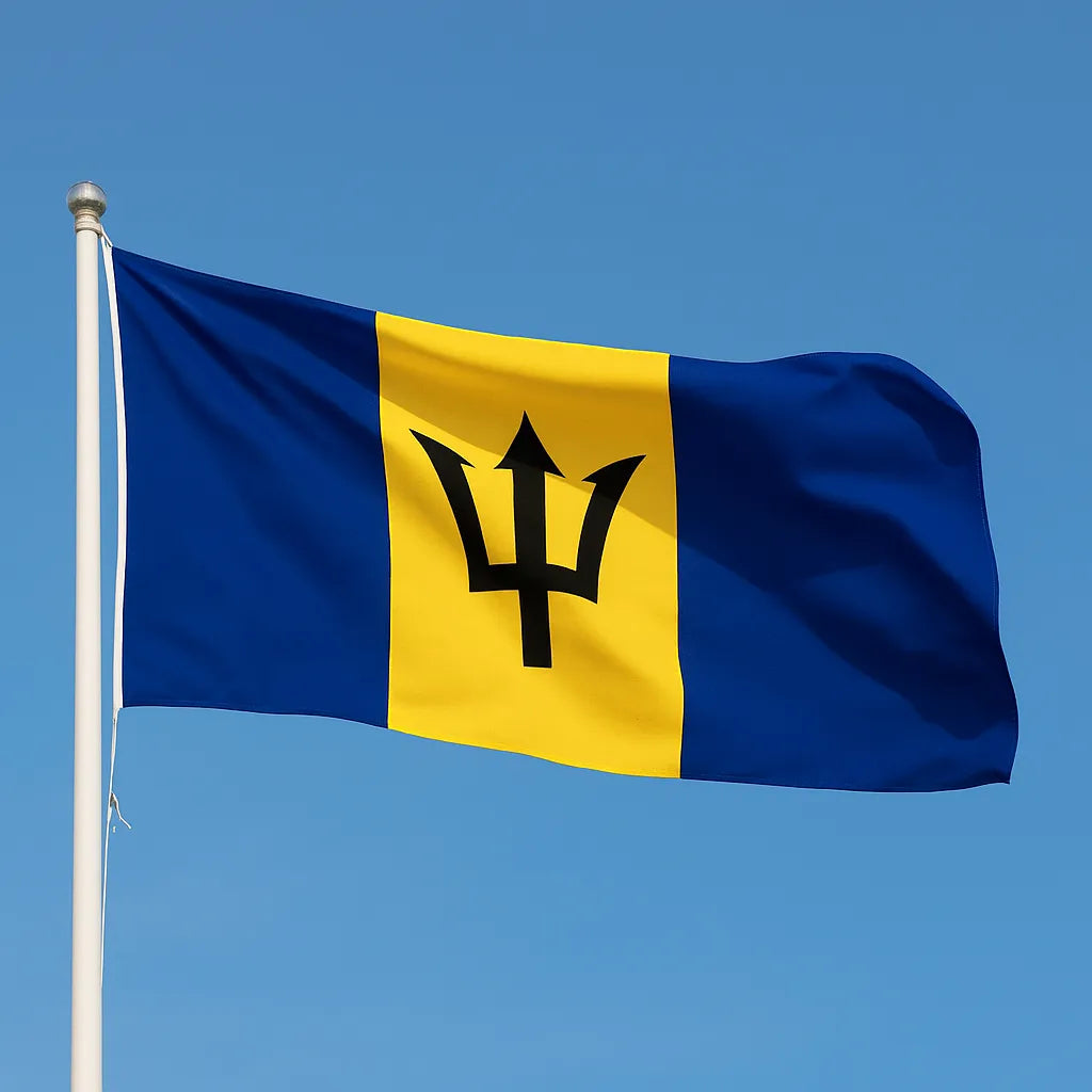Flag of Barbados waving against a clear blue sky