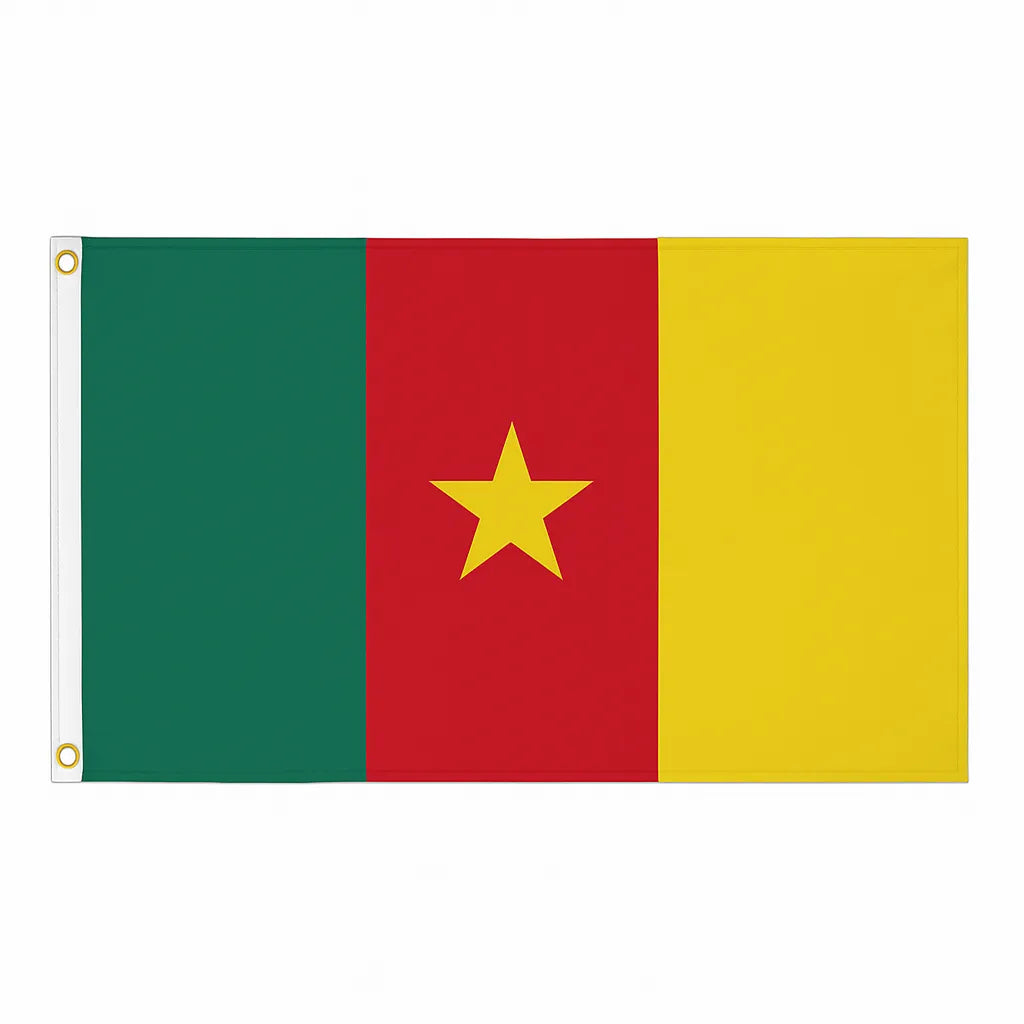 Flag of Cameroon with green, red, and yellow colors on a white background