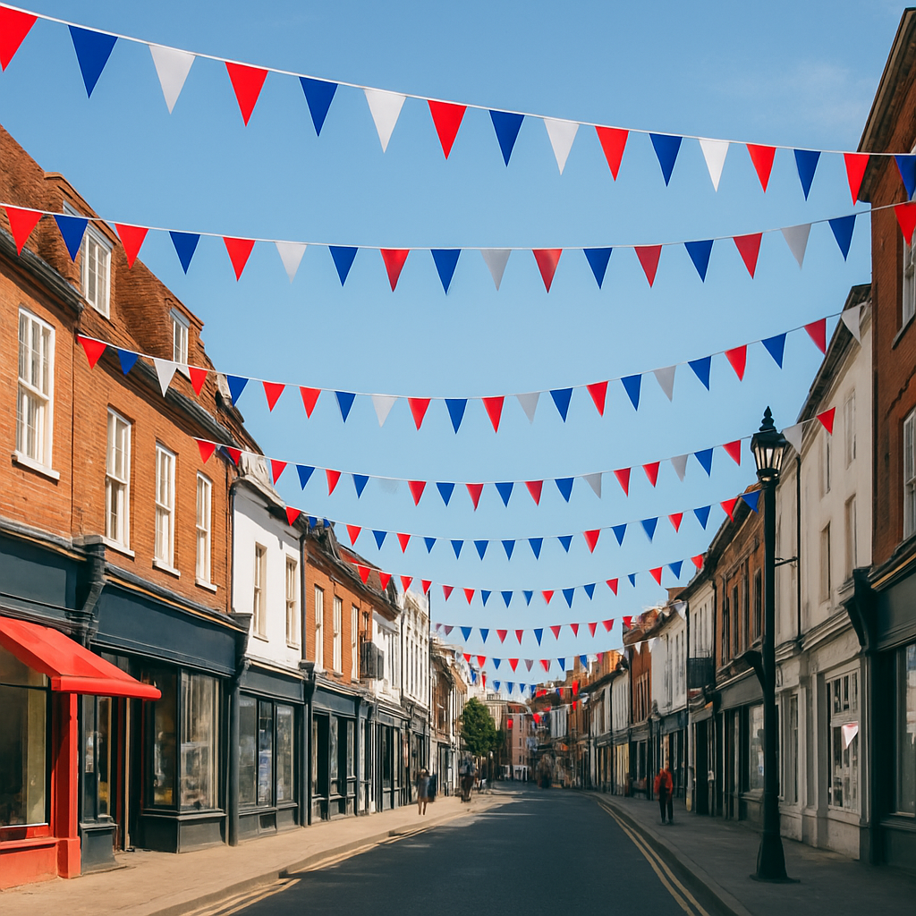 Triangular bunting flags on 10 metre length – 24 colourful pennants sewn into white webbing, Made in Britain