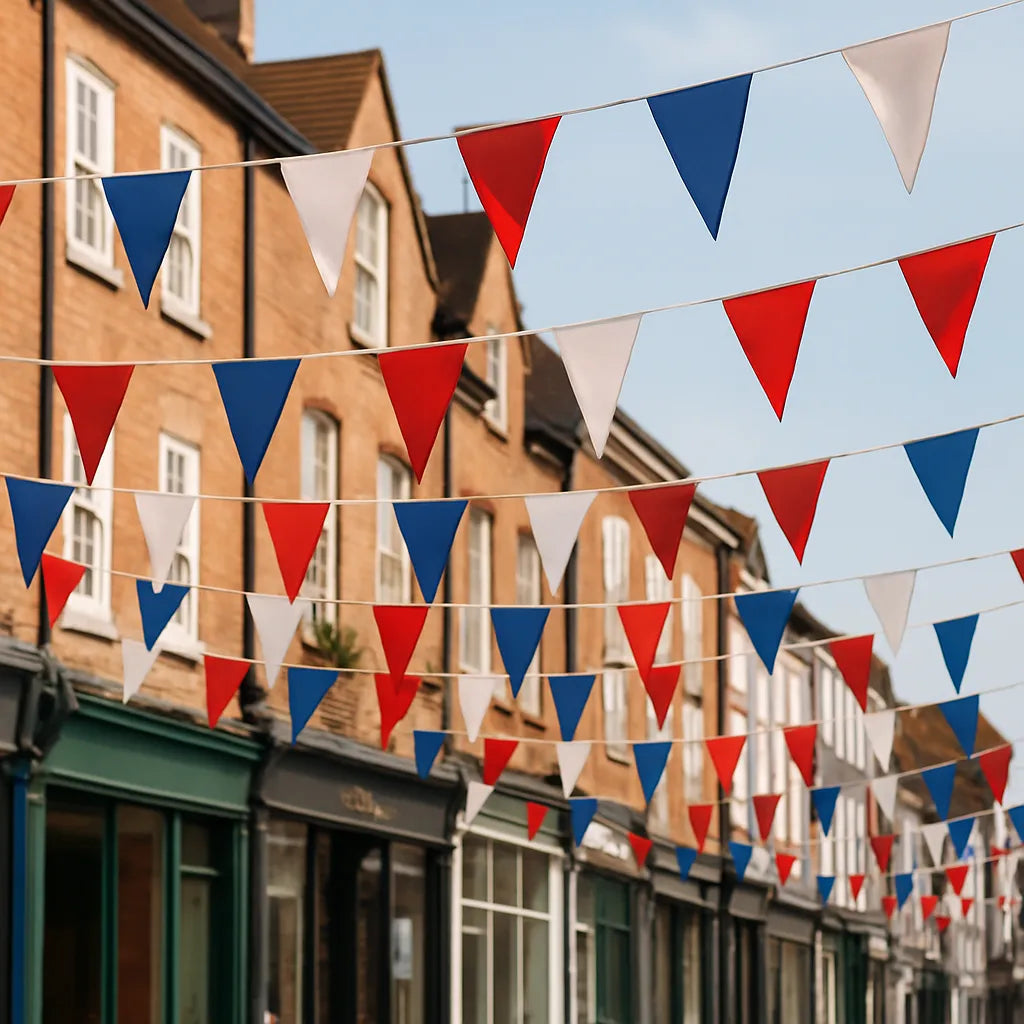 Festival bunting – multicolour triangular flags in PVC or knitted polyester, Made in Britain