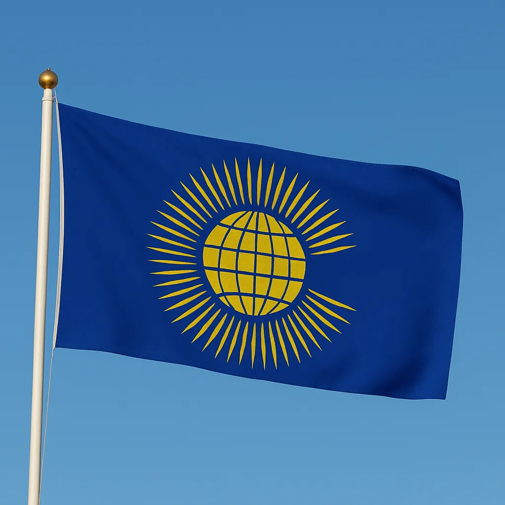 High quality Commonwealth Flag with golden globe and sunray emblem on a blue background, outdoor UK-made flag.