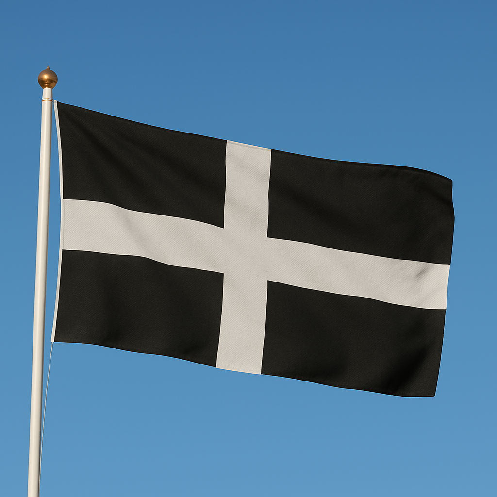 High quality Cornwall Flag (St Piran’s Flag) with white cross on a black background, durable outdoor flag.