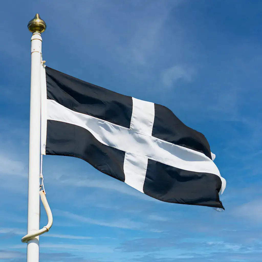 High quality Cornwall Flag (St Piran’s Flag) with white cross on a black background, durable outdoor flag.