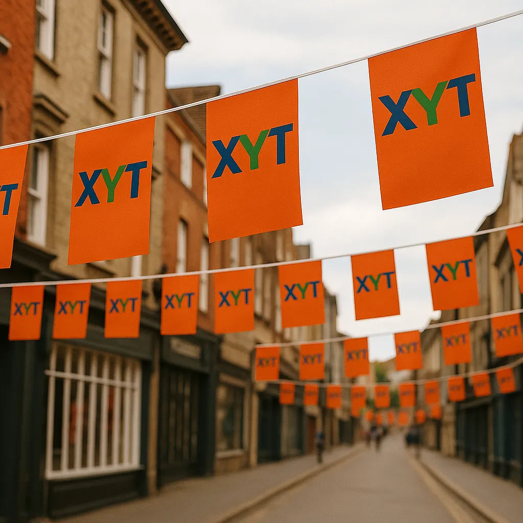 Custom printed bunting – 10 metre string of rectangular or triangular pennants in paper or polyester, personalised with your own design