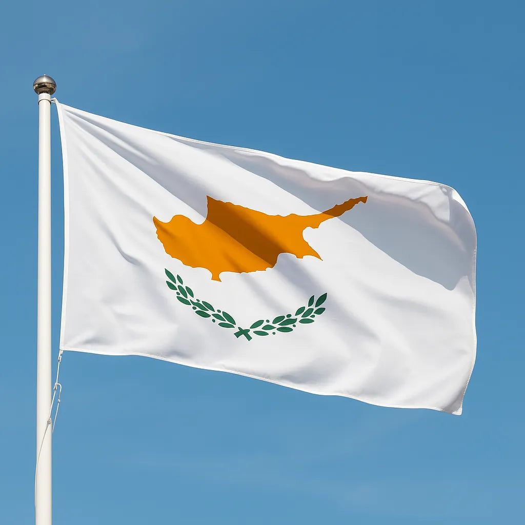Flag of Cyprus waving against a clear blue sky