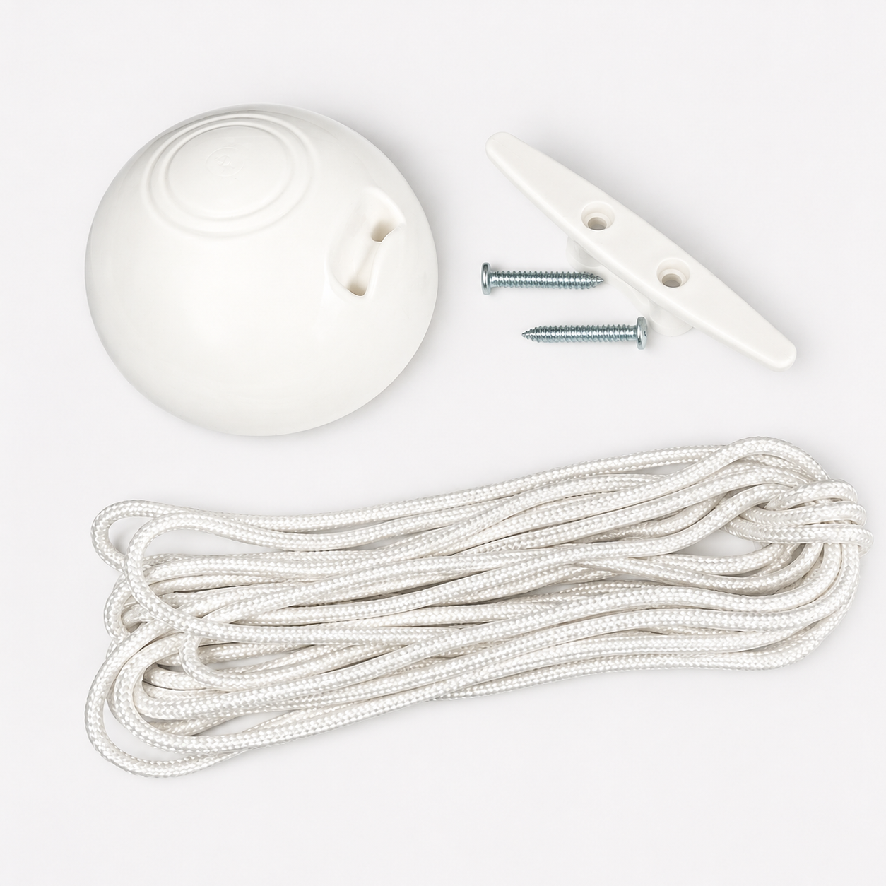 DIY flagpole maintenance kit including 12m white halyard rope, cleat with screws, and dome top cap for external flagpoles