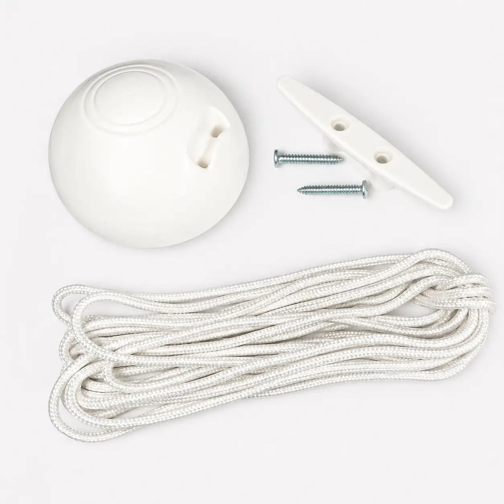 DIY flagpole maintenance kit including 12m white halyard rope, cleat with screws, and dome top cap for external flagpoles