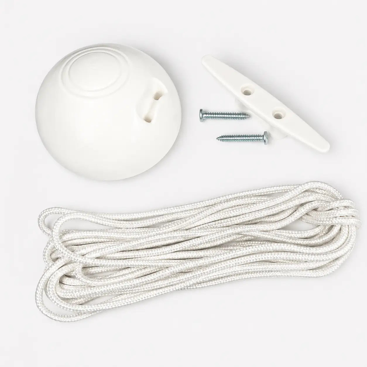 DIY flagpole maintenance kit including 12m white halyard rope, cleat with screws, and dome top cap for external flagpoles
