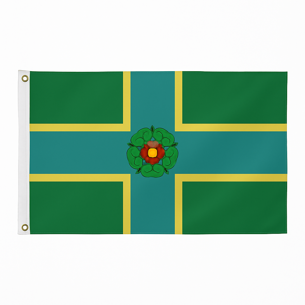 Derbyshire novelty flag featuring a green field with a blue cross outlined in yellow and a Tudor rose at the centre, displayed with brass eyelets and white heading tape.