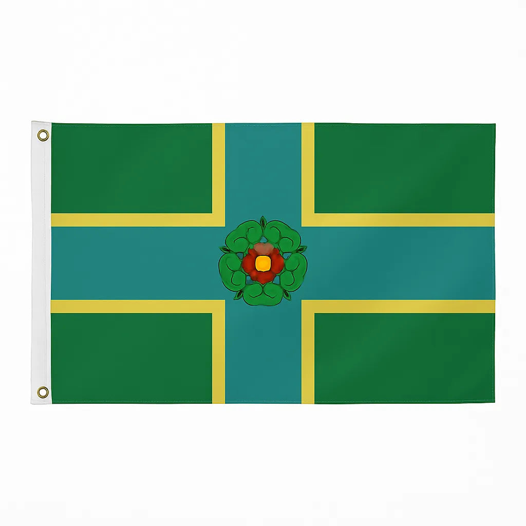 Derbyshire novelty flag featuring a green field with a blue cross outlined in yellow and a Tudor rose at the centre, displayed with brass eyelets and white heading tape.