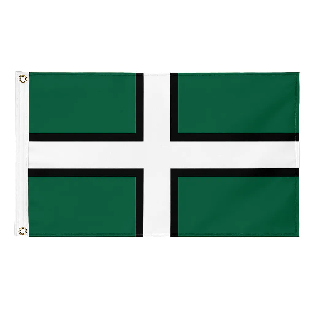 Devon novelty flag featuring a green field with a white cross outlined in black, displayed with brass eyelets and white heading tape.