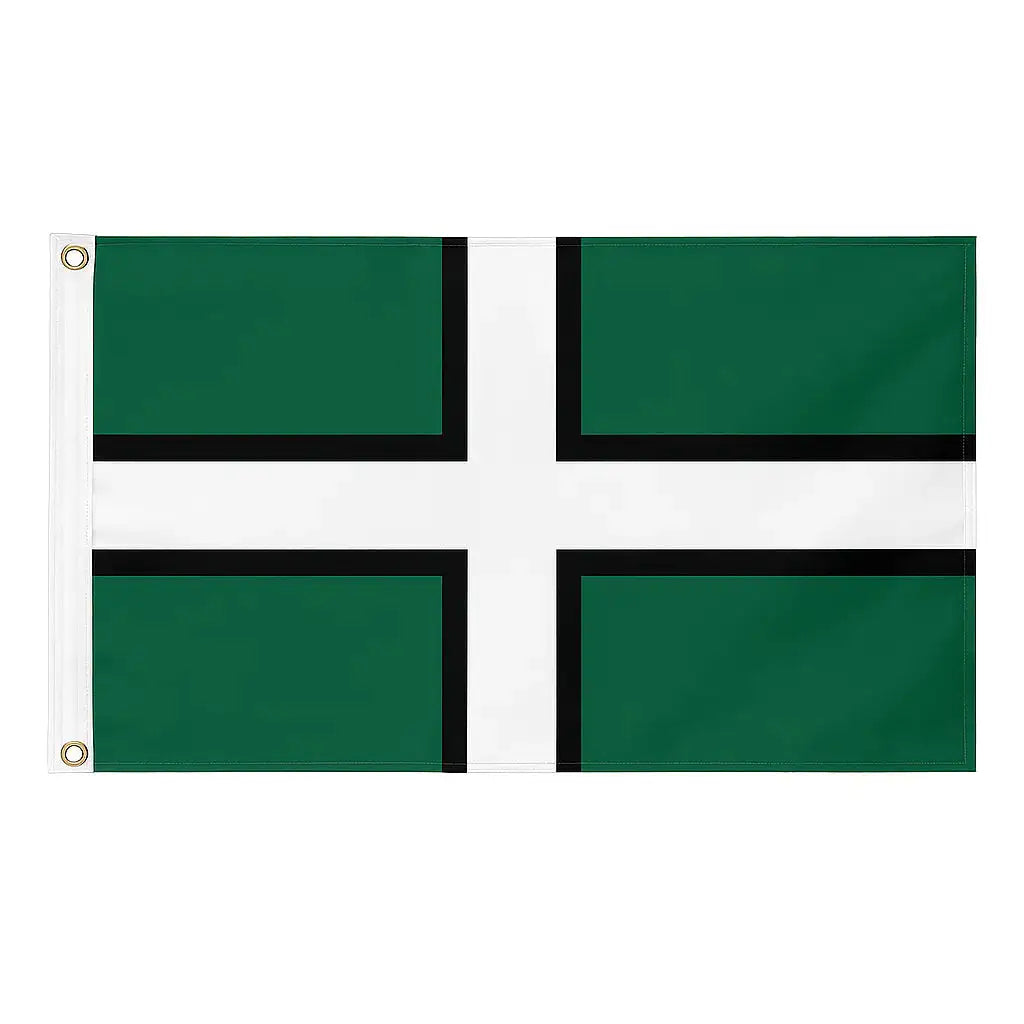 Devon novelty flag featuring a green field with a white cross outlined in black, displayed with brass eyelets and white heading tape.